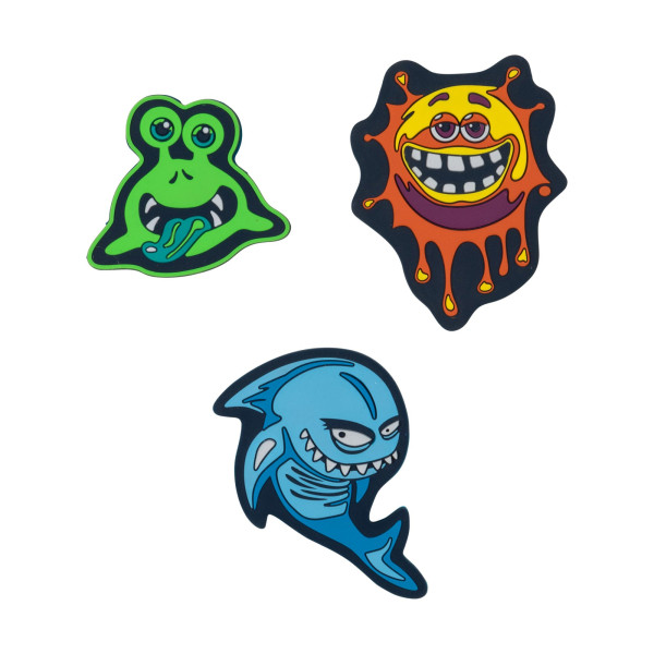 Grünes Monster, orangenes Monster und blauer Hai