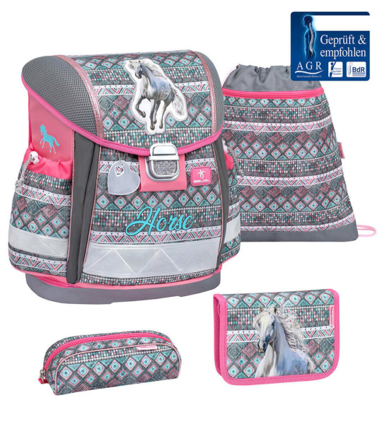 Belmil | Classy ergonomisches Schulranzen-Set 4-teilig "Horse Aruba Blue" mit Brustgurt | 403-13/AG/S-9