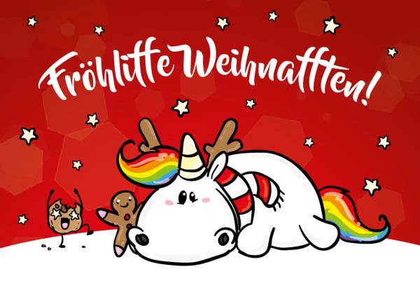 Pummeleinhorn | Postkarte | Fröhlifte Weihnafften rot