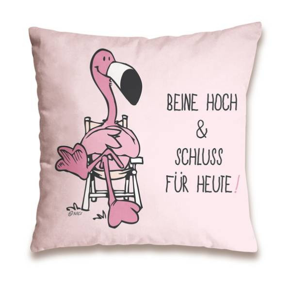 Nici | Baumwollkissen Flamingo „Beine hoch und Schluss für heute“