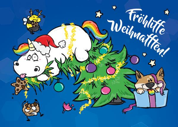Pummeleinhorn | Postkarten Fröhlifte Weihnafften blau