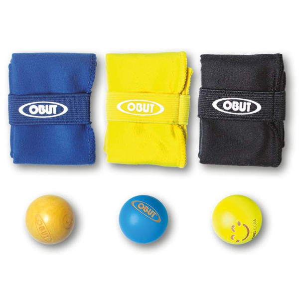 Obut | 3 Mikrofaser-Pétanque-Reinigungstücher + 3 Buchsbaum-Zielkugel (2 x fluo, 1 x natur, mit Wettkampfzulassung